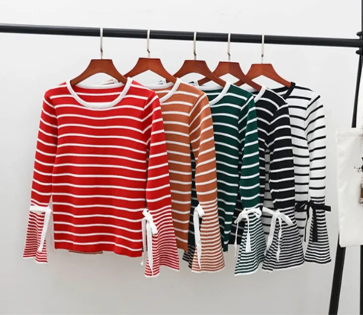 Fashion Women Sweater Knitted Top Striped Flare Long Sleeve Casual Slim Autumn Clothing Elegant Pullovers | Женская одежда