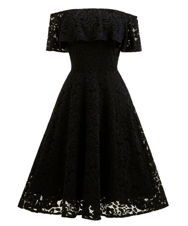 Женское платье с вырезом лодочкой темно синее кружевное коротким рукавом