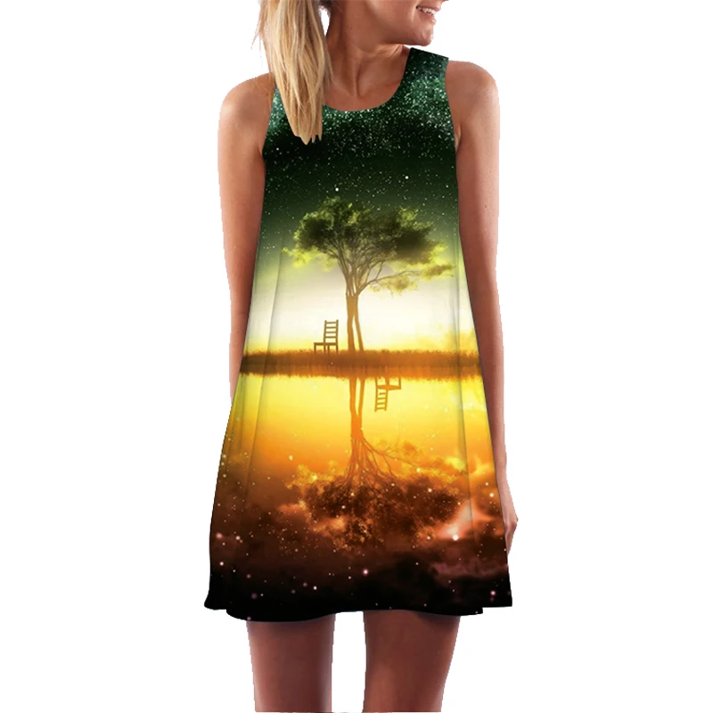 

RAISEVERN Women Beer Print Boho Summer Beach Dress Ladies Vintage Boho Sleeveless Tank Dress Robe Short Mini Dress Plus Size