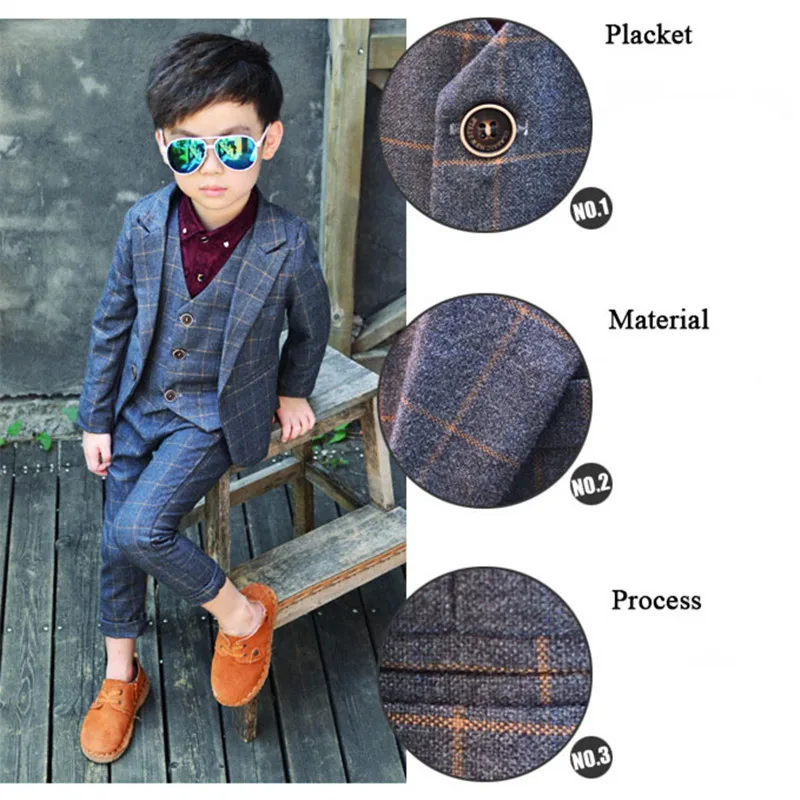 

SISRERS Temperament gentleman child suit Autumn winter Korean style plaid suits coat + vest + pants 3 pcs sets