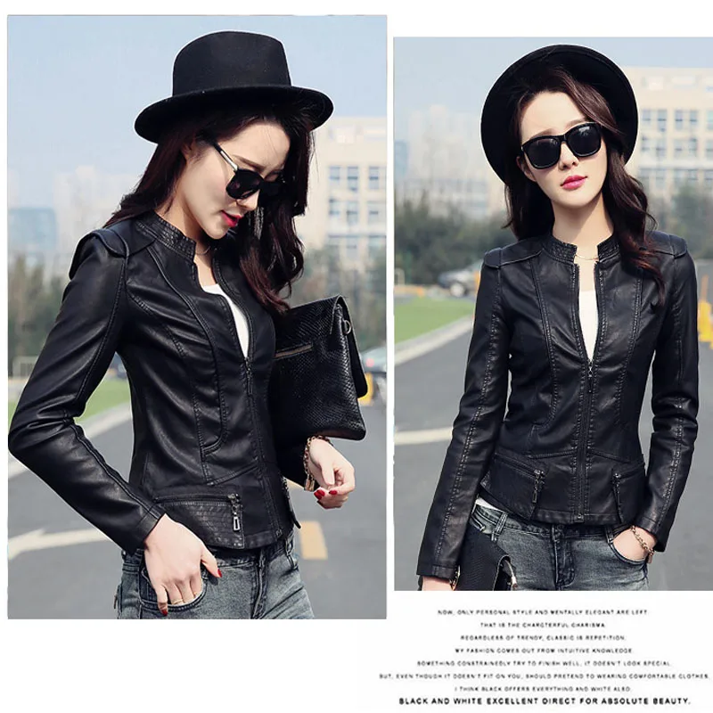 Осень Искусственная Кожа Куртка Тонкий Короткие Дизайн Мотоцикла Женщины