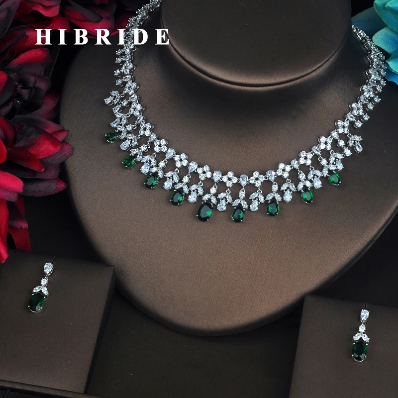 HIBRIDE Роскошные Зеленые капли воды кубического циркония ювелирные наборы для