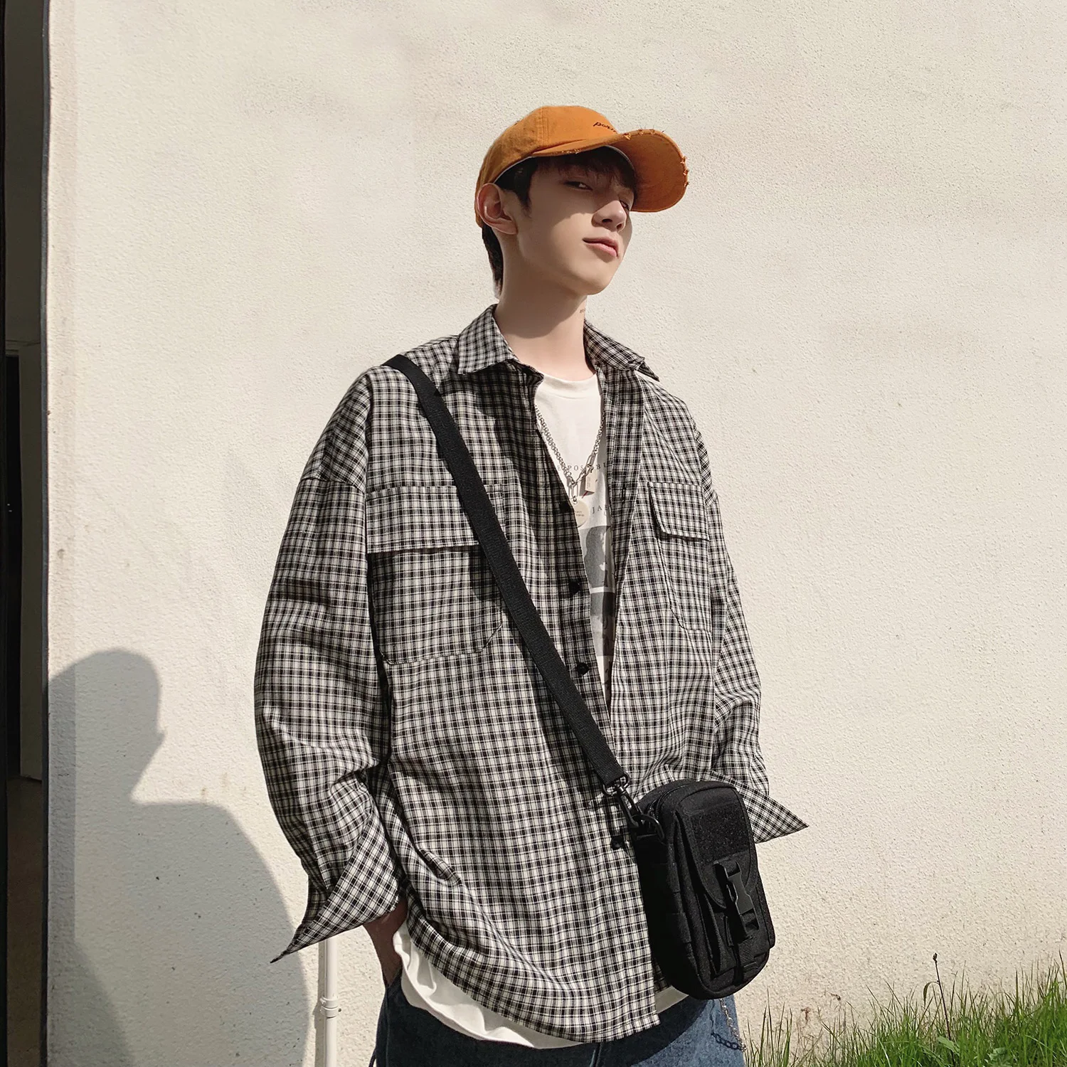 Мужская хлопковая рубашка в клетку Повседневная с длинными рукавами Корейском