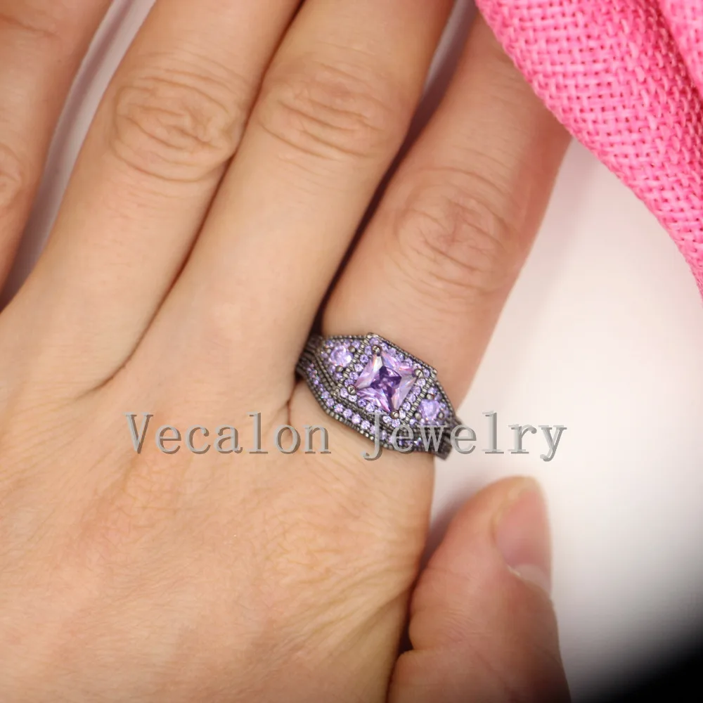 Vecalon Tremdy New Wedding Band Ring Set for Women purple AAAAA Zircon Cz 10KT Black Gold Filled Female Engagement ring | Украшения и