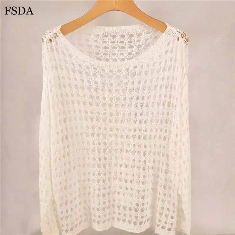 Женская ажурная блузка FSDA белый вязаный свитер с круглым вырезом и длинными