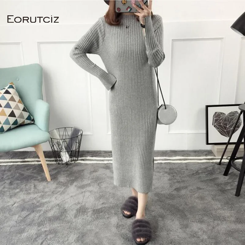 Женское трикотажное платье свитер EORUTCIZ длинное теплое облегающее водолазка с