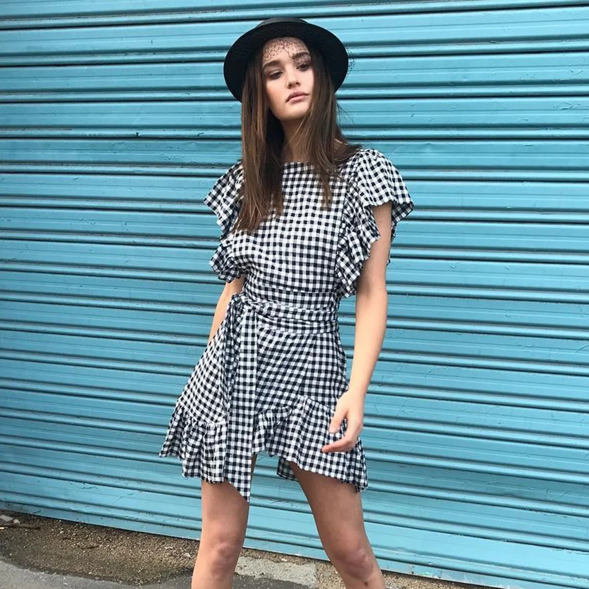 OOTN для женщин черный белый цвет платье в клетку Лето 2018 г. рюшами Мини платья