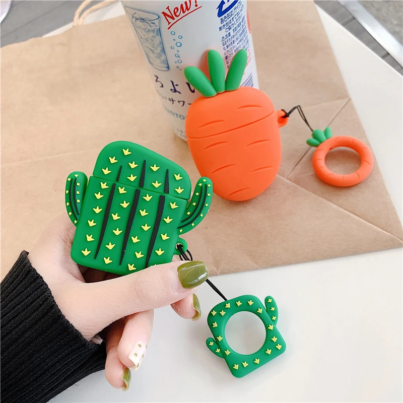 

For AirPods 2 Case Cute Cartoon Earphone Cases For Apple Airpods 2 Cactus Carrot Protect Cover Funda with Pendant