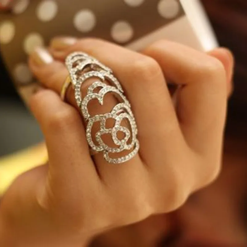Модное женское кольцо Стразы Золотые Серебряные цветочные суставы прокрутка на
