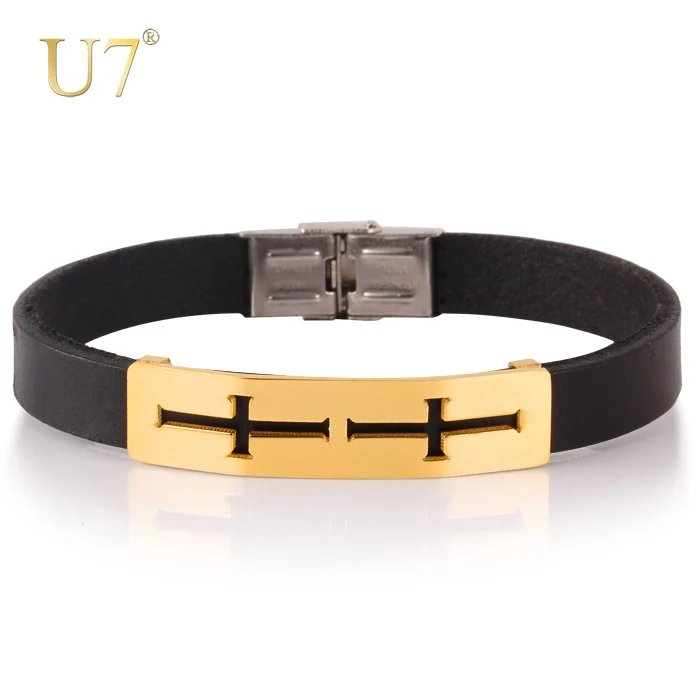 U7 Позолоченныq Мужской Браслет Ювелирные Изделия Крест Кожанный Для Мужчин H456 |