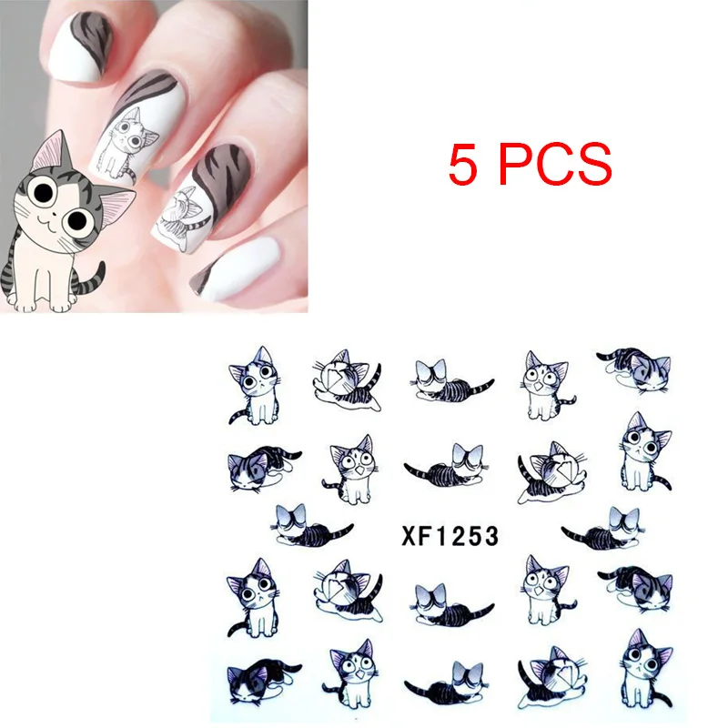 5 листов/Набор стикеров для ногтей милый мультяшный Кот с рисунком Водные