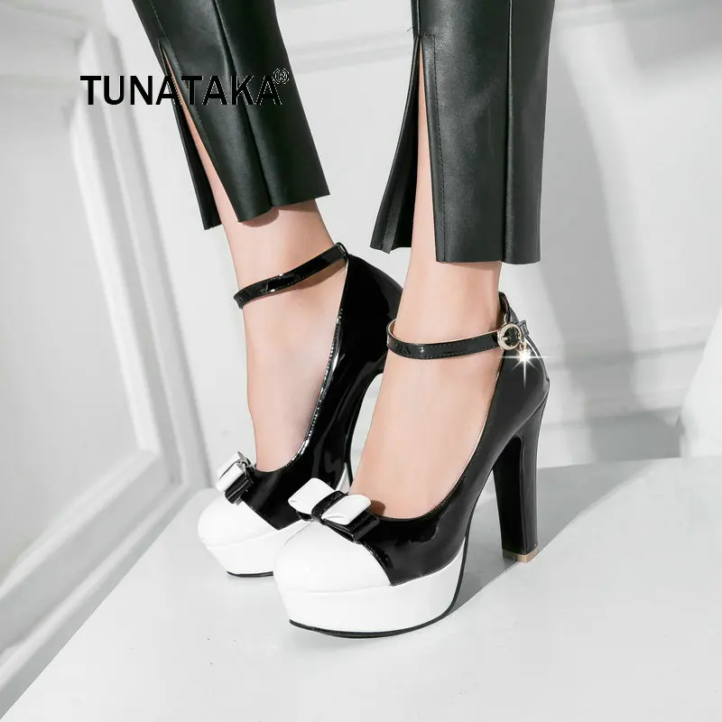 Женские туфли-лодочки на толстой высокой платформе с бантом и ремешком пряжкой