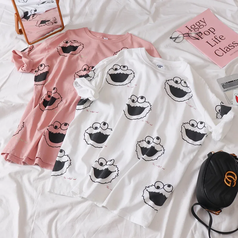 Корейская kawaii Розовая белая футболка женская с коротким рукавом и круглым