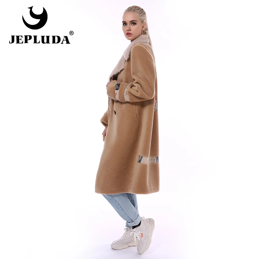 JEPLUDA Натуральный Шерстяное Пальто Женские Зимнее с Английский Воротник Комбинируйте Цвета Свободно Стиль Длинный Мягкий Теплый Куртка Женская Зимняя Натуральный Мех Овчины
