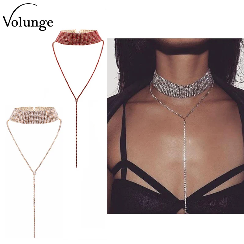 Женское Ожерелье-чокер золотистого цвета с красными стразами Многорядное