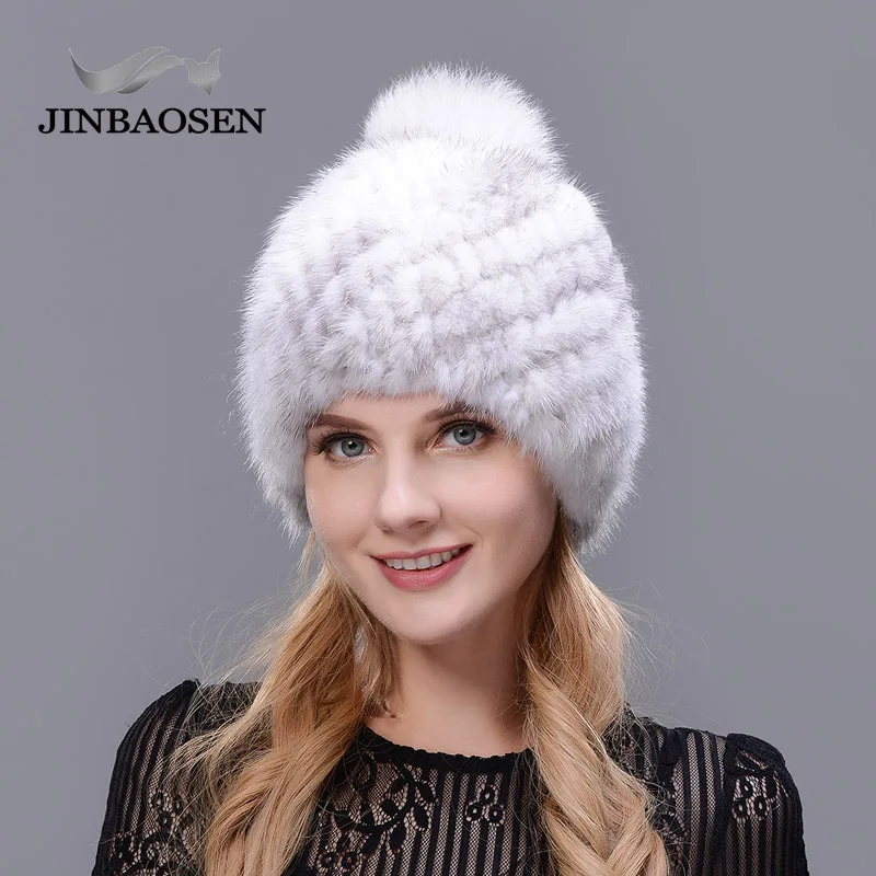 COLOR1 JINBAOSEN новая Толстая Женская шапка Горячая Распродажа меховая шапка из натуральной норки женская зимняя вязаная шапка с помпоны из лисьего меха - Цвет: COLOR1