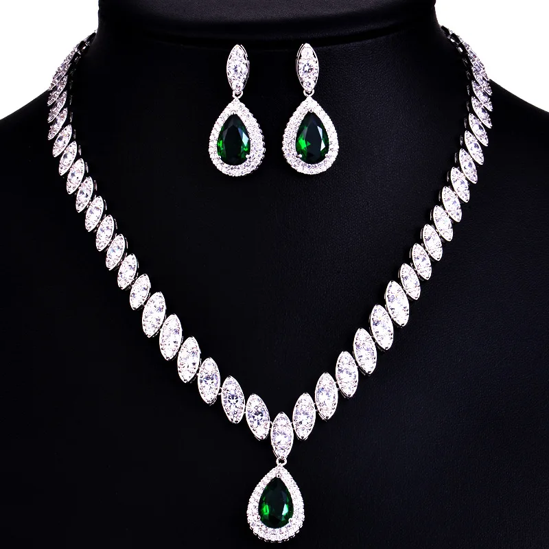 Зеленый 925 Sterling Silver Platinum Plate Luxury Diamond Women Wedding Jewelry Set Red/Green/Blue/White CZ Drop Earring Choker Necklace - Цвет камня: Зеленый