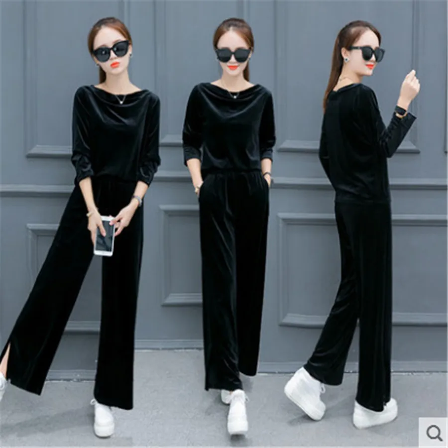 

Women Spring Autumn Fashion High Quality Velve top+ Wide Leg Pants Ladies Casual Loose Plus Size Elastic Waist Pants 2ps