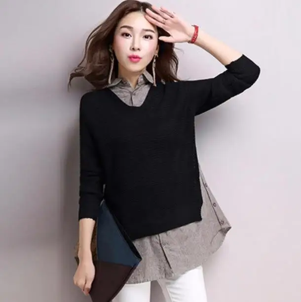 Женский свитер с отложным воротником облегающая Сексуальная рубашка имитацией