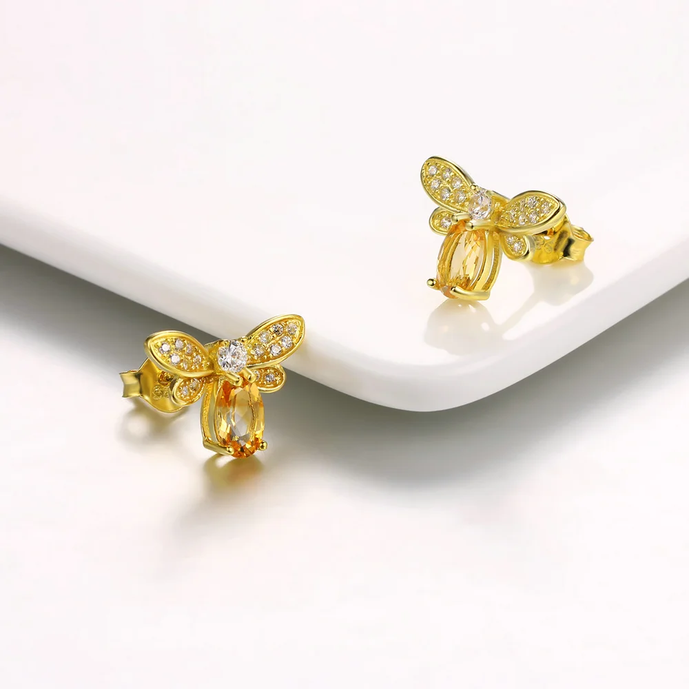 Серьги гвоздики с Пчелой 5x7 мм 1ct 100% натуральный цитрин Стерлинговое Серебро 925