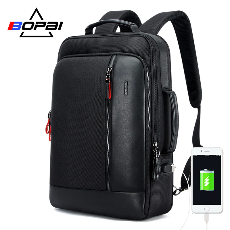 BOPAI, USB зарядка, мужской черный кожаный рюкзак, школьные сумки, скрытый карман, Противоугонный рюкзак, мужской рюкзак для ноутбука, sac a dos