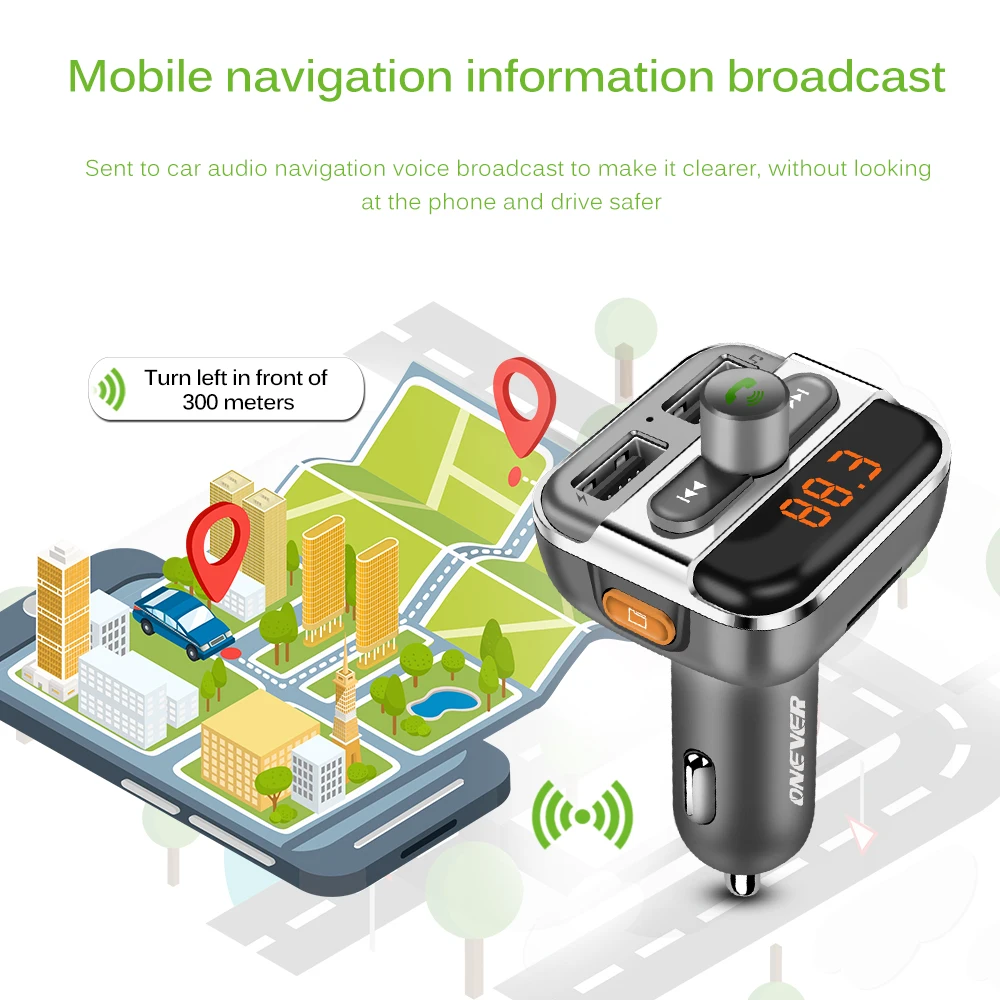 Onever FM передатчик Bluetooth Handsfree Car Kit автомобильный аудио MP3 плеер с 3.4A Quick Charge двойной зарядное устройство USB Поддержка A2DP
