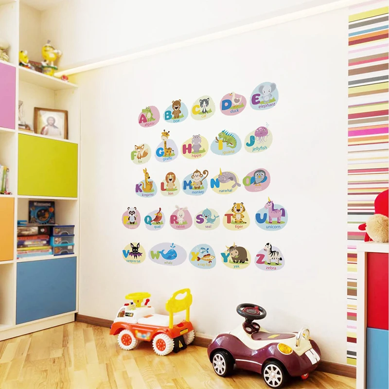 

Cartoon Animals 26 English Letters Name Wall Stickers Teaching Tools For Kids Nursery Rooms Decorations PVC DIY Mural Art Poster