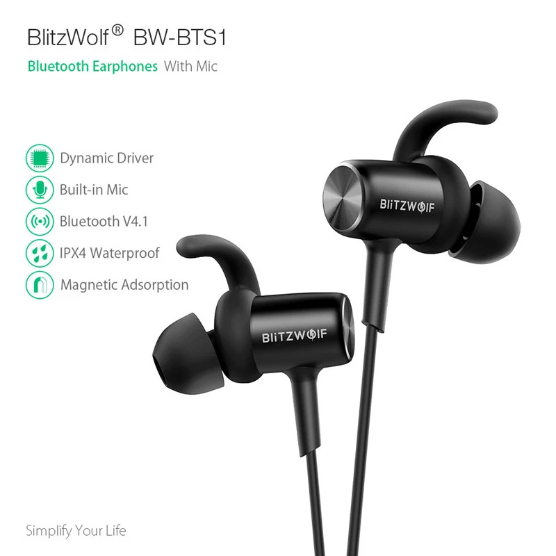 Blitzwolf Спортивные bluetooth наушники с микрофоном IPX4 водонепроницаемые магнитные адсорбционные наушники-вкладыши беспроводная гарнитура для смартфона