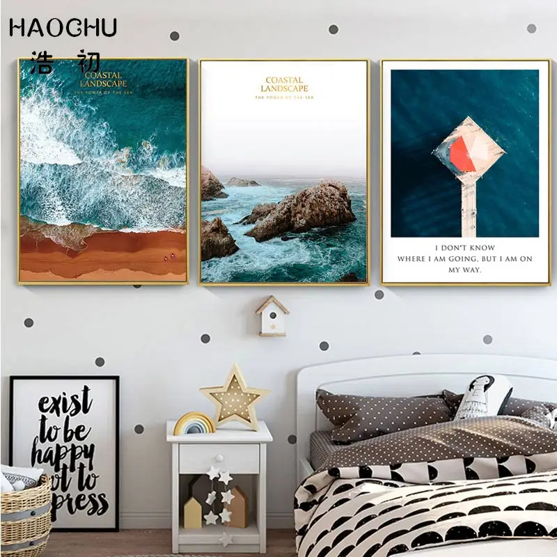 Simple Modern Landscape Home Decor Triple Pictures The Clear Sea With Big Rocks White Waves Smart Bridge Paintings Canvas Poster | Дом и сад