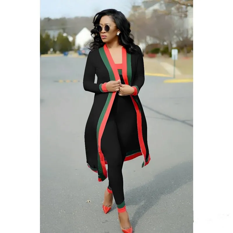 Red and Green striped women 3 Piece Sets Autumn Winter Tube Top + Long Cloak Pants Suits Casual 3piece Clothing 3XL | Женская одежда