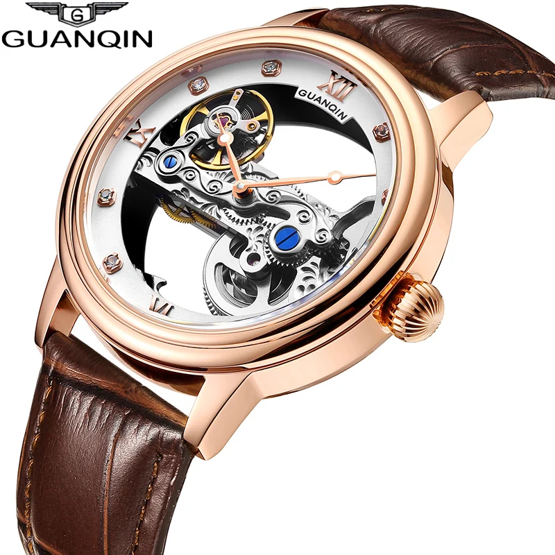 GUANQIN Watches Men Luxury brand Automatic Luminous clock men Leather strap Tourbillon waterproof Skeleton Mechanical Men Watch