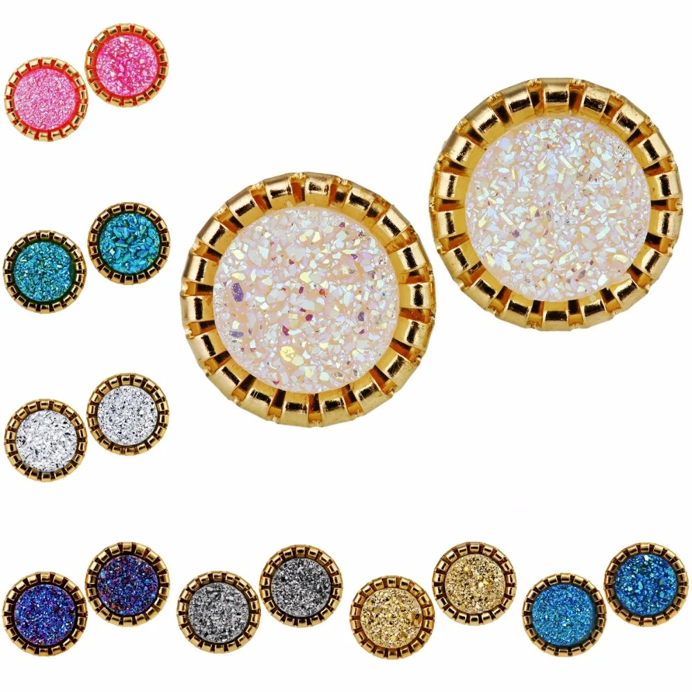 

TUMBEELLUWA Round Natural Titanium Quartz Geode Druzy Stud Earrings for Women Girls