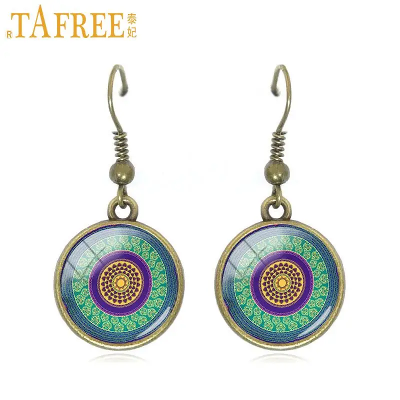 TAFREE Хиппи Мандала серьги помпоном Bohemian Paisley медитации висячие серьги стекляный с картинкой художественное оформление круглый ювелирные изделия A448