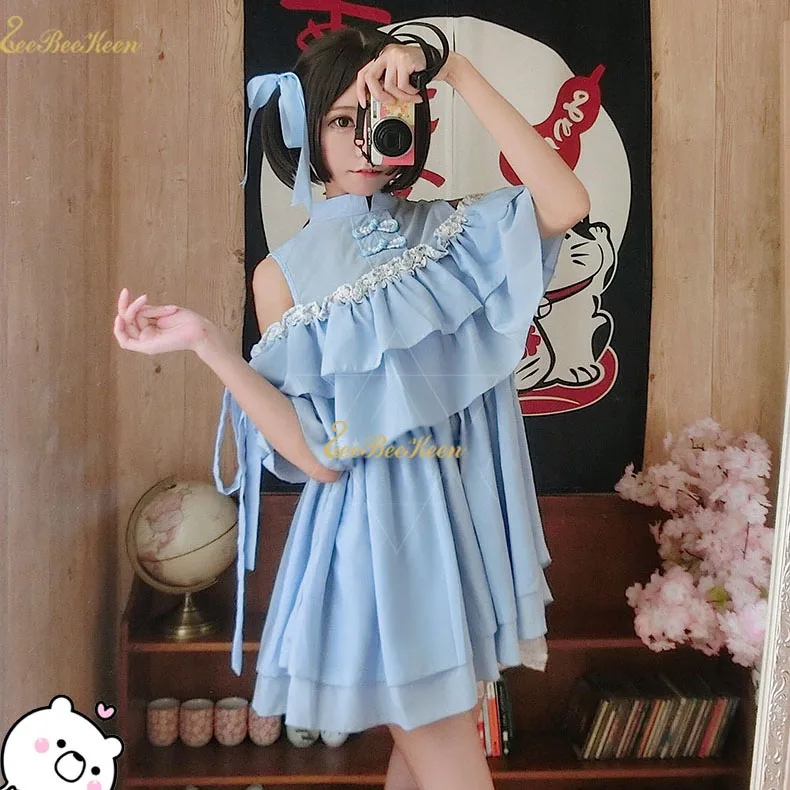 Голубое платье в стиле Лолиты для взрослых Hanfu для женщин, милый китайский костюм для девочек, шифоновая Милая юбка в стиле «лолита» с открытыми плечами в стиле «Хан Тан»