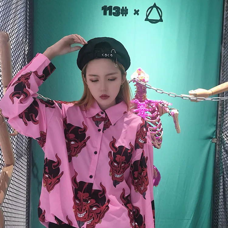 Harajuku модные дьявол Dead мультфильм печати Для женщин рубашки уличная средней длины свободные студент Рубашки нагрудные персонализированные рубашки