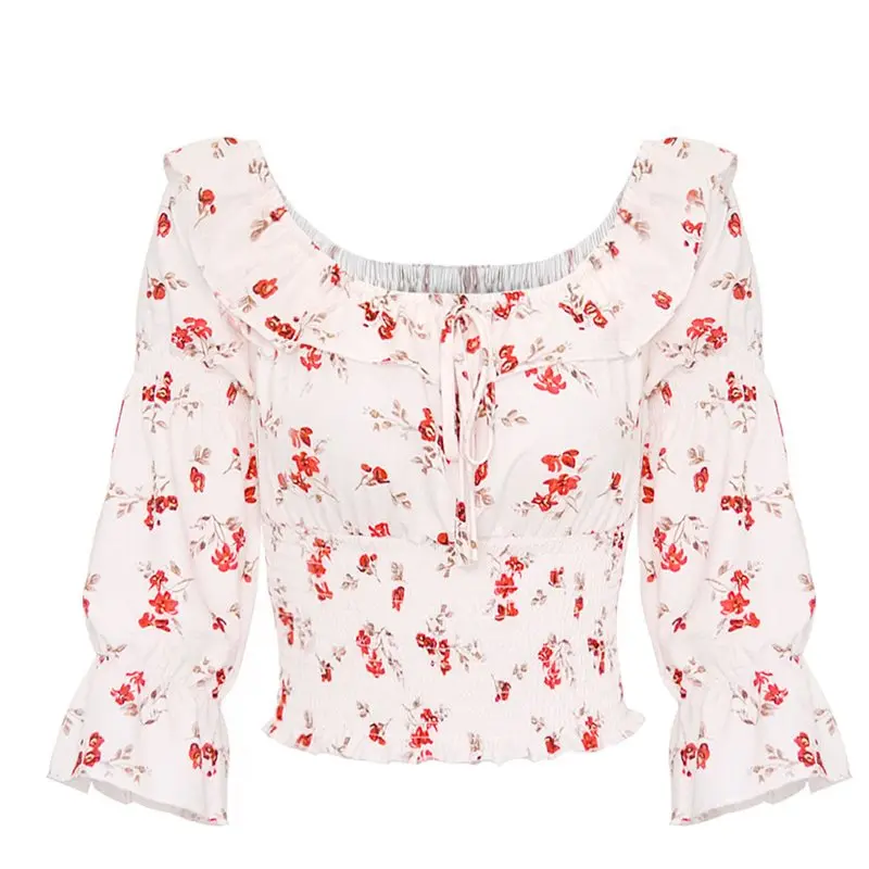 Цветочный принт с открытыми плечами блузка для женщин топы рюшами летние Boho