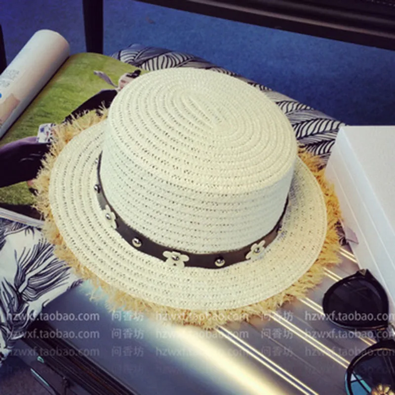 

Hot Block sun Girl adult male female summer hat British retro bow princess curling straw dome flat roof beach flower hat 3MZ6X