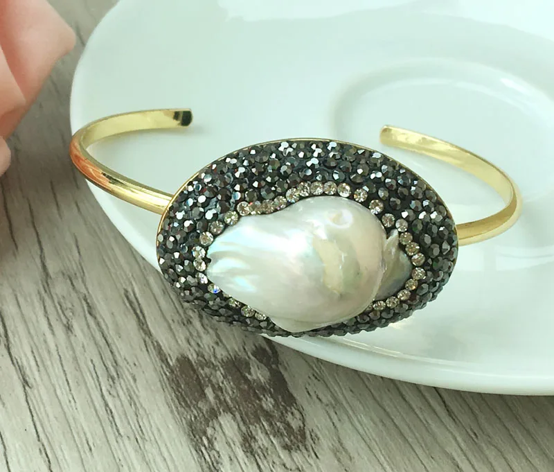 

5pcs Natural Freshwater pearl cuff bangle Metal electroplated gold pearl pave cz around fashion druzy bangle BG168
