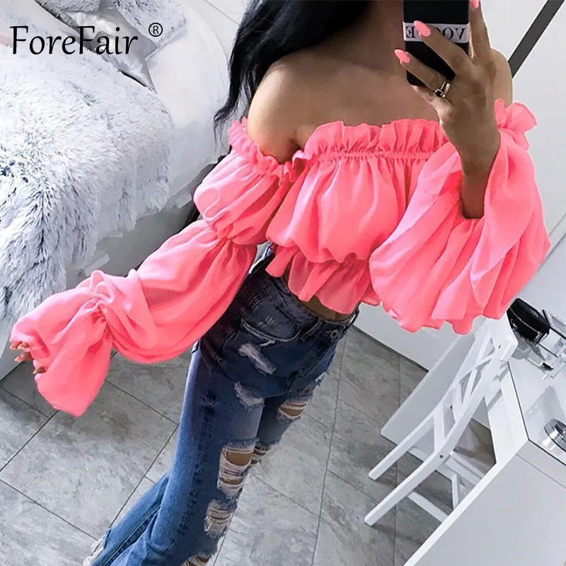 Женская блузка с открытыми плечами Forefair неоновый топ оборками и рюшами вечерние