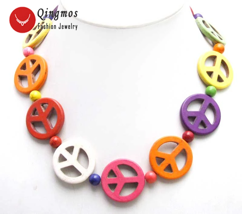 

Qingmos Trendy 18'' Turquoises Chokers Necklace For Women & 30mm Multicolor Round Peace Sign Turquoises Necklace -5572 Free Ship