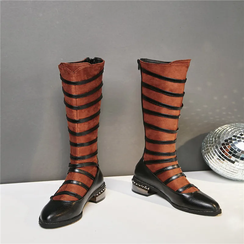 

Women Knee High Boots Slip On Autumn Winter Women Shoes Low Square Heels Round Toe Warm Plush Women Mid-Calf Boots Fashion Punk