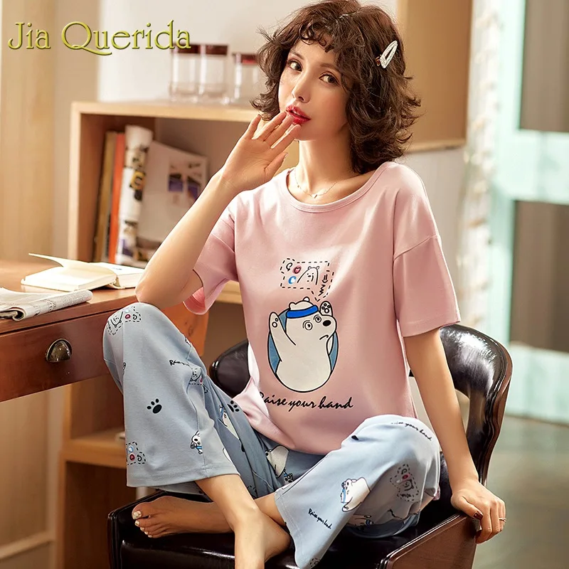 J & Q комплект пижам Женская хлопковая Домашняя одежда 2019 весна лето с короткими