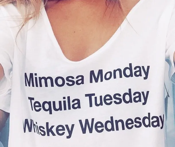 Mimosa Monday Tequila Tuesday Whiskey wednday забавная футболка для женщин Летний стиль Топы модная