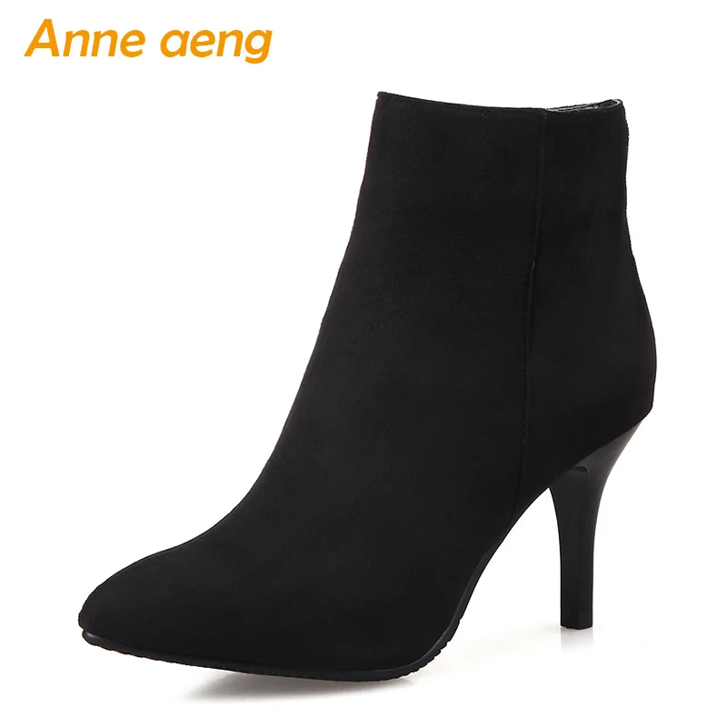 

2019 New Winter Women Ankle Boots High Thin Heel Pointed Toe Zipper Sexy Women Shoes Black Warm Short Boots Big Size 33-46