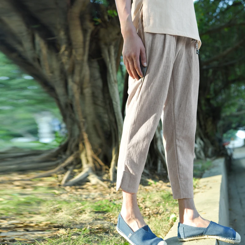 

New style summer blended fabric calf-length trousers men brand casual loose men pants elastic waist pants mens pantalon homme