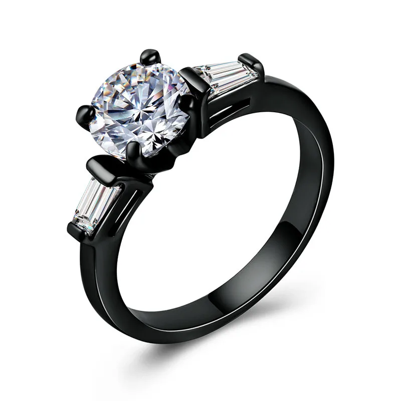 Белый Huitan Solitaire женское кольцо с черной лентой модное свадебное кольцо на палец с Круглый фианит зубец Настройка юбилей подарок - Цвет основного камня: Белый