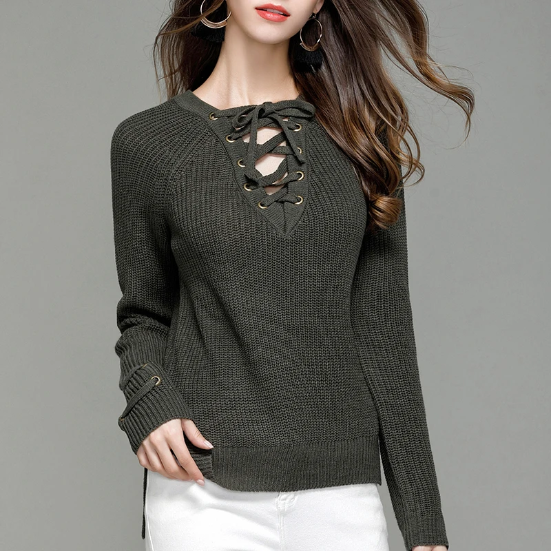 Women Autumn Pullover Fincati 2017 Sexy Lace Up V-Neck Long Sleeves New Solid Color Irregular Split Hem Winter Tops Femme | Женская