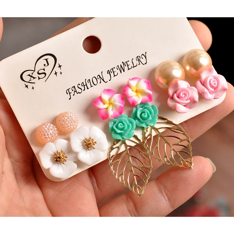 New hot fashion woman jewelry wholesale Girl Birthday Party pearl ear nail flower pattern with 6 pairs of /set lovers' Earrings |