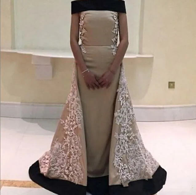 2016 Evening Dresses Off Shoulder Lace Appliques Detachable Arabic Style Long Pageant Prom Gowns Floor Length Satin Party Gown | Свадьбы и