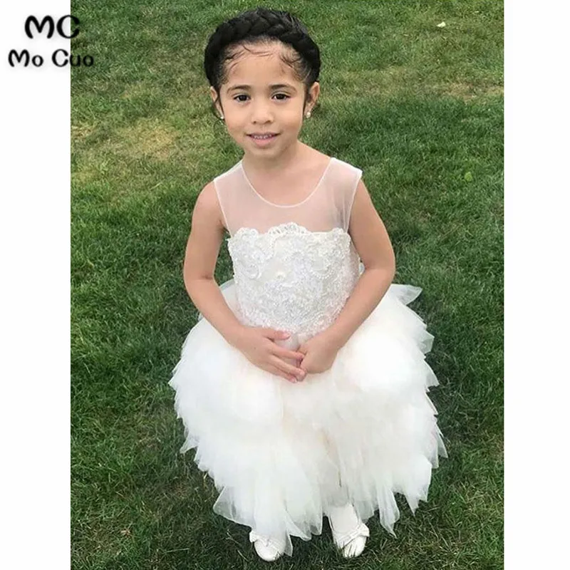 

Mocuo 2019 A-Line Round Neck Mid Calf Tiered Flower Girl Dress Kids Evening Gowns Tulle Girl Prom Dresses Pageant Dresses